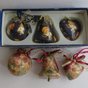 Angel Magic Dark Blue/Beige Decoupage Ornaments Giftco Heart Bell Ball Set Of 6